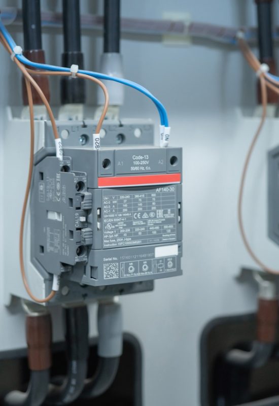 Close up of Industrial electric switch panel power plant in industry factory. Switchgear operation control station monitor manufacturing factory system. generator